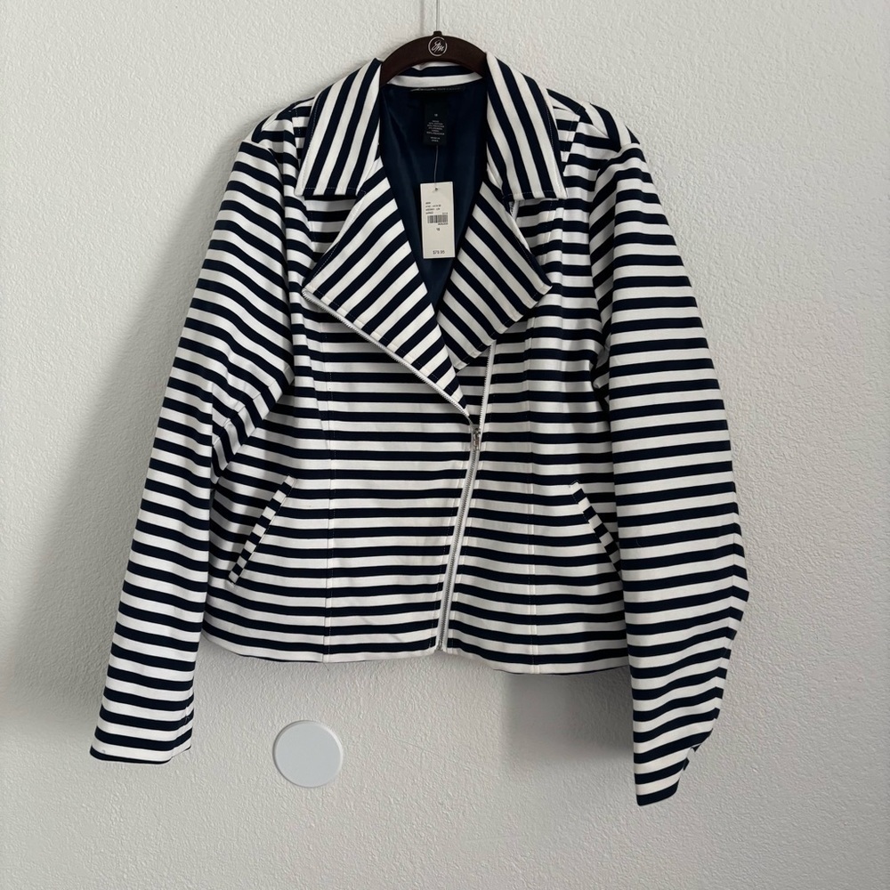 NWT Lane Bryant Women's Size 18 Blue/White Striped Asymmetrical Zip Jacket